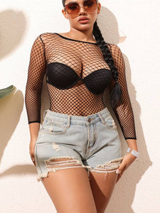 Fishnet Bodystocking roudn neck mini skirt top womens lingerie