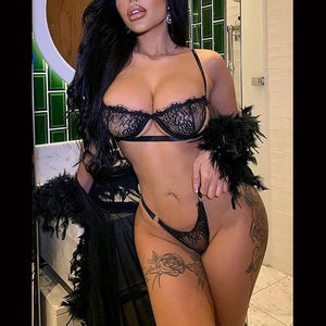 Eyelash 2 piece Black Lace thong and Bra set