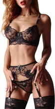 Sexy See Through Suspender Lingerie Set Floral Embroidered Underwear Set Strappy Babydoll Nightwear 3 Pieces Underwire Bra+Thong+High Waist Garter Bel
