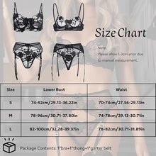 Sexy See Through Suspender Lingerie Set Floral Embroidered Underwear Set Strappy Babydoll Nightwear 3 Pieces Underwire Bra+Thong+High Waist Garter Bel