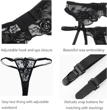 Sexy See Through Suspender Lingerie Set Floral Embroidered Underwear Set Strappy Babydoll Nightwear 3 Pieces Underwire Bra+Thong+High Waist Garter Bel