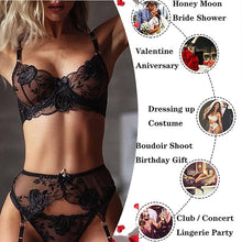 Sexy See Through Suspender Lingerie Set Floral Embroidered Underwear Set Strappy Babydoll Nightwear 3 Pieces Underwire Bra+Thong+High Waist Garter Bel