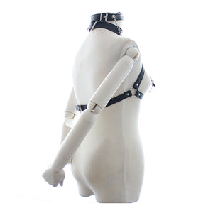 Womens Leather Straps Kinky Bra and collar set for Bondage nipple clamps #7881
