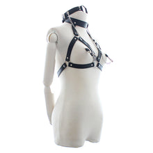 Womens Leather Straps Kinky Bra and collar set for Bondage nipple clamps #7881